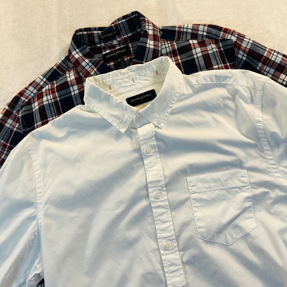 Banana Republic Untucked Fit Shirts Mens Large White Plaid Cotton 2 Pack Bundle